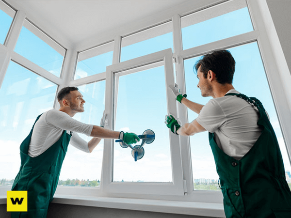 Zwei Handwerker montieren ein Fenster beim professionellen Fenstereinbau in einem Wohnhaus.